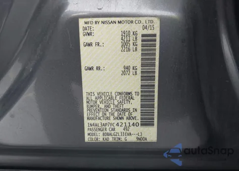 2015 Nissan Altima 2.5 S from USA, damaged, VIN 1N4AL3AP7FC421140